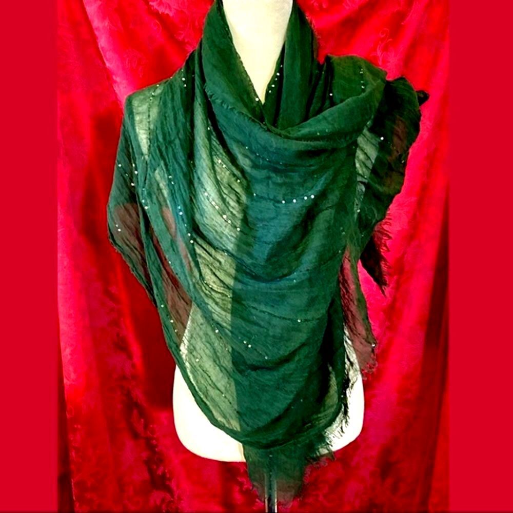 Dark Green Semi Sheer Scarf Wrap with Sequins Whimsigoth 76x76